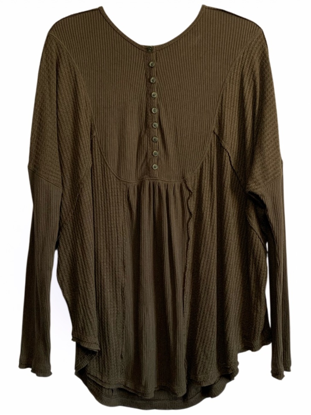 Free People Army Green Waffle Knit Long Sleeves Top - Picture 1 of 6